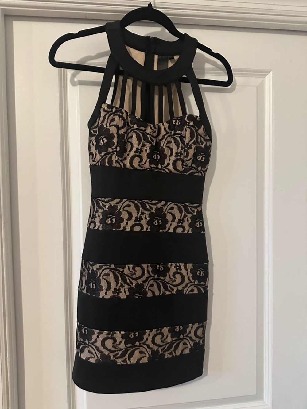 Striped Lace Tank Mini Dress in Black and Nude